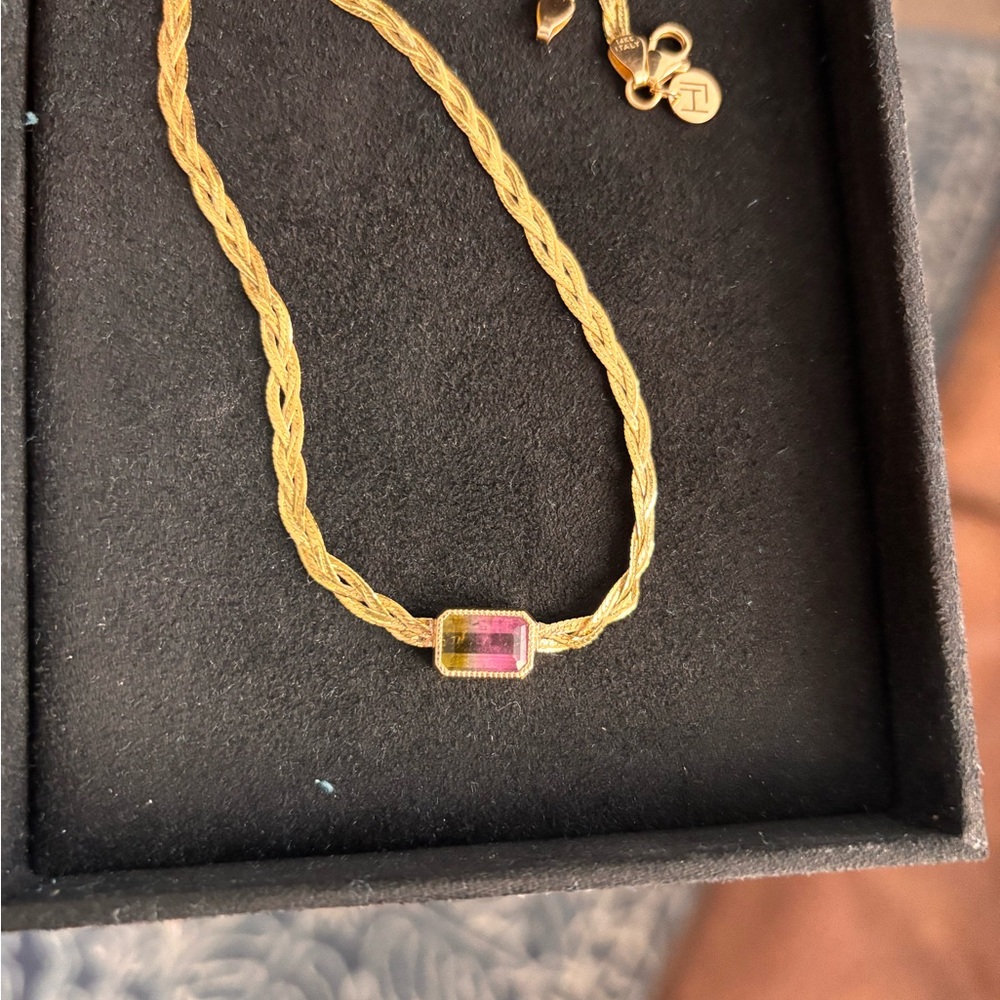 Logan Hollowell Watermelon Tourmaline Braided Gold Necklace 16” - Picture 3 of 6